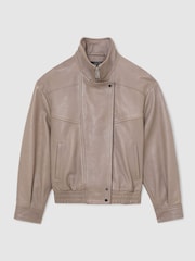 Reiss Grey Petra Petite Textured Leather Oversized Jacket - Image 2 of 10