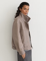 Reiss Grey Petra Petite Textured Leather Oversized Jacket - Image 3 of 10