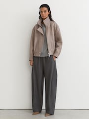 Reiss Grey Petra Petite Textured Leather Oversized Jacket - Image 5 of 10