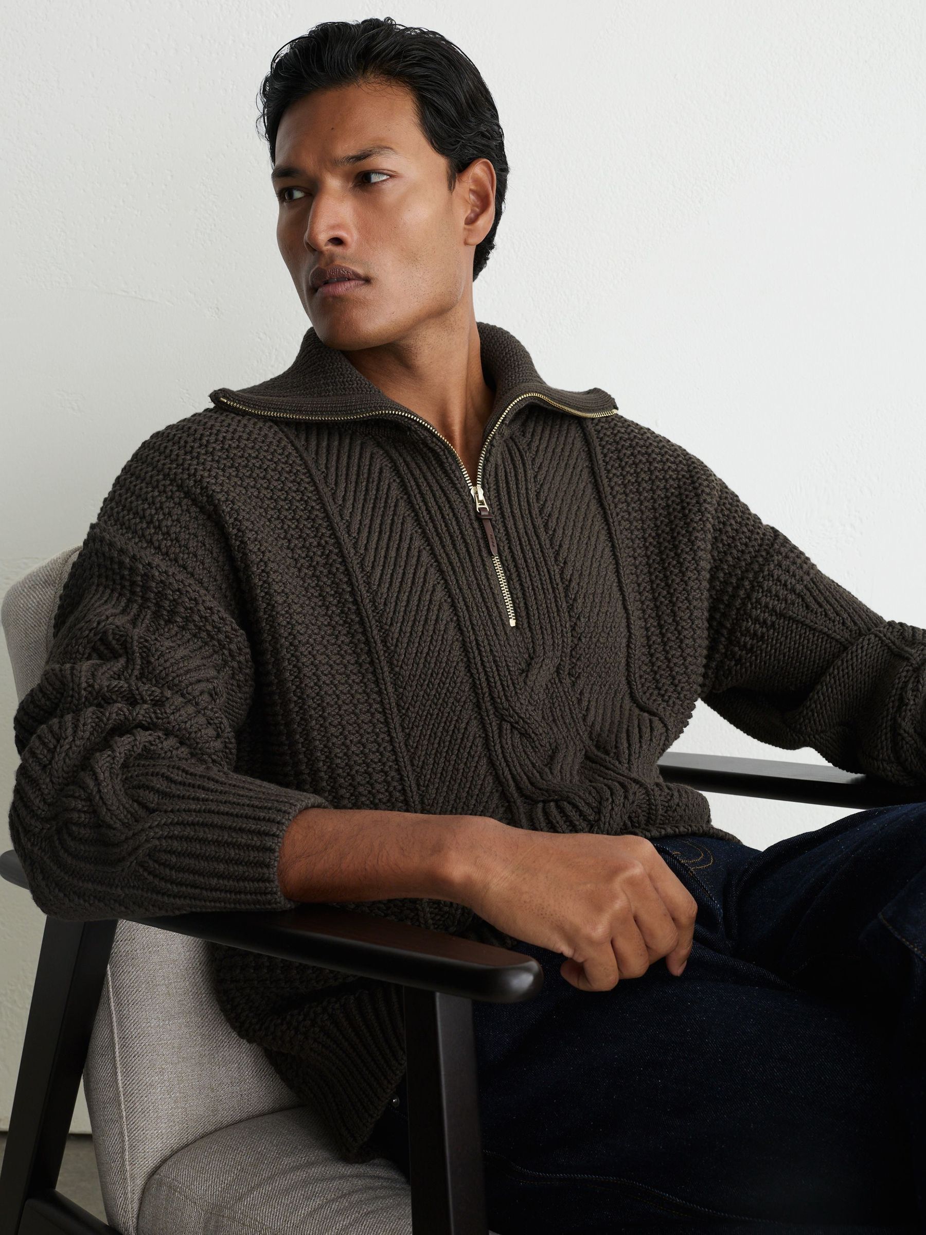 トップス hiro Buy Reiss Dark Green Oconnor Cotton-Blend Textured-Knit Half-Zip