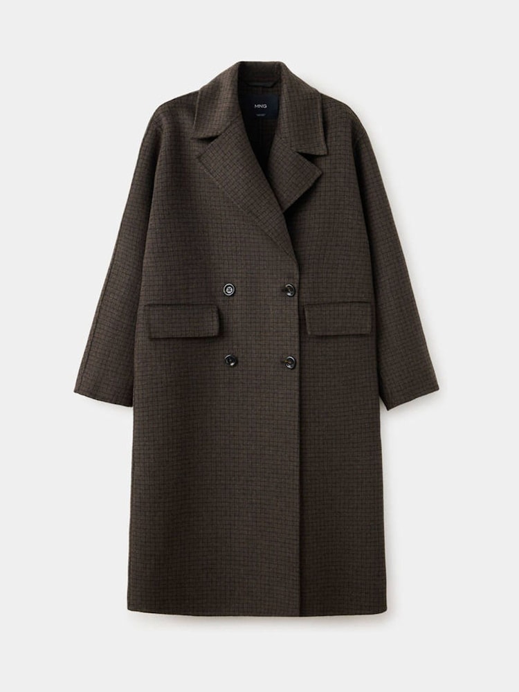 Mango Brown Check Wool Blend Dropped Shoulder Coat - Image 1 of 7 Mango Brown Check Wool Blend Dropped Shoulder Coat - Image 1 of 7