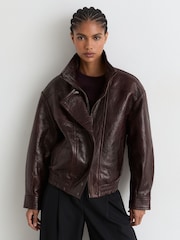 Reiss Aubergine Petra Petite Textured Leather Oversized Jacket - Image 1 of 5