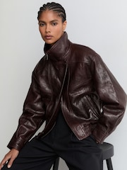 Reiss Aubergine Petra Petite Textured Leather Oversized Jacket - Image 3 of 5
