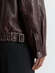 Reiss Aubergine Petra Petite Textured Leather Oversized Jacket - Image 4 of 5