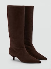 Mango Brown Suede Pointed Toe Knee High Kitten Heel Boots - Image 1 of 3