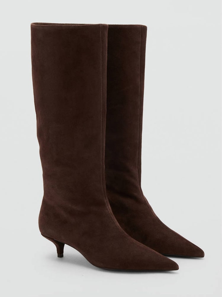 Mango Brown Suede Pointed Toe Knee High Kitten Heel Boots - Image 1 of 3 Mango Brown Suede Pointed Toe Knee High Kitten Heel Boots - Image 1 of 3