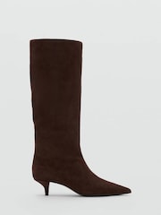 Mango Brown Suede Pointed Toe Knee High Kitten Heel Boots - Image 2 of 3