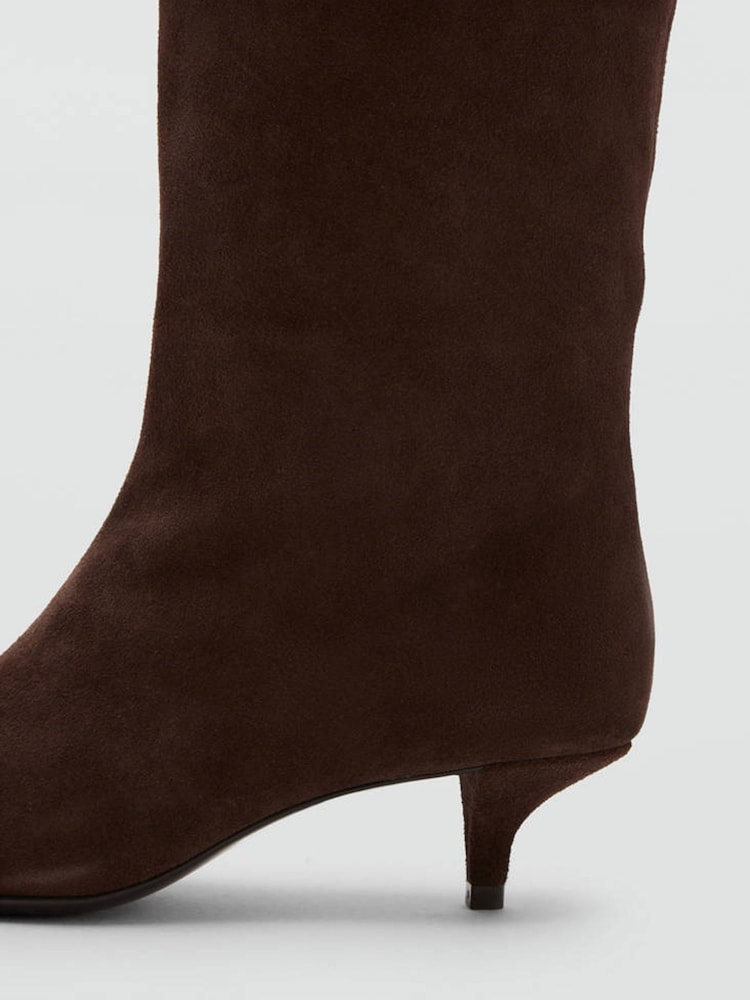 Mango Brown Suede Pointed Toe Knee High Kitten Heel Boots - Image 3 of 3 Mango Brown Suede Pointed Toe Knee High Kitten Heel Boots - Image 3 of 3