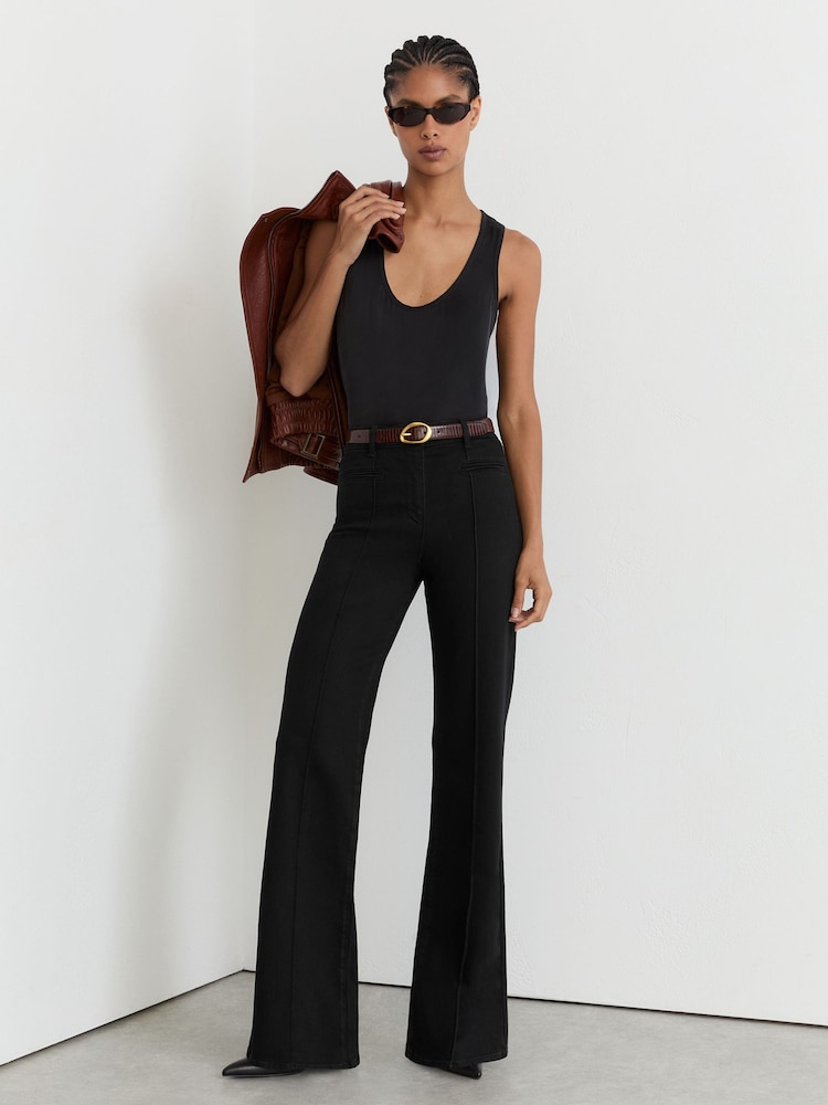 Reiss Black Claude Pintuck-Detail Flared Jeans - Image 1 of 5