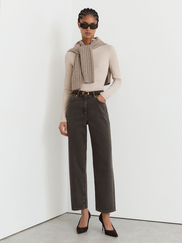 Reiss Mushroom Brown Selin Petite Mid-Rise Straight-Leg Jeans - Image 1 of 7 Reiss Mushroom Brown Selin Petite Mid-Rise Straight-Leg Jeans - Image 1 of 7