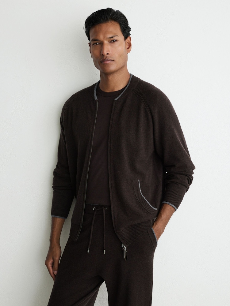 Reiss Chocolate Brown Winchester Merino Wool Zip-Through Bomber Cardigan - Image 1 of 8