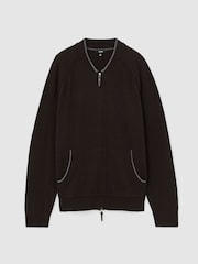 Reiss Chocolate Brown Winchester Merino Wool Zip-Through Bomber Cardigan - Image 2 of 8