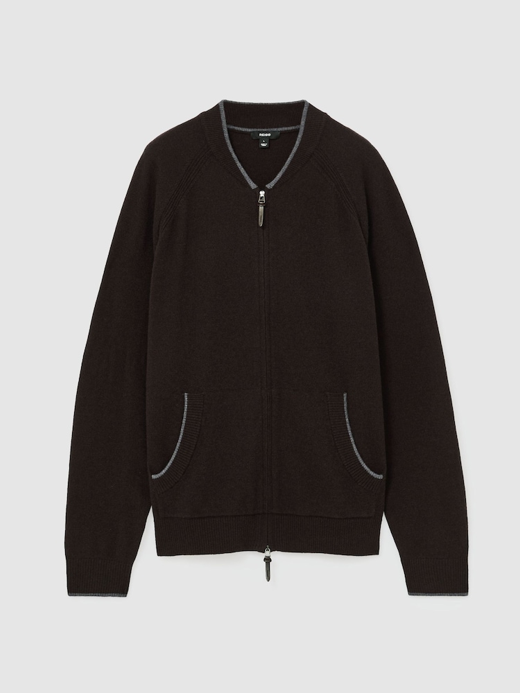 Reiss Chocolate Brown Winchester Merino Wool Zip-Through Bomber Cardigan - Image 2 of 8