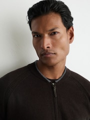 Reiss Chocolate Brown Winchester Merino Wool Zip-Through Bomber Cardigan - Image 6 of 8