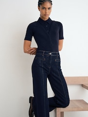 Reiss Dark Blue Claude Pintuck-Detail Flared Jeans - Image 1 of 8