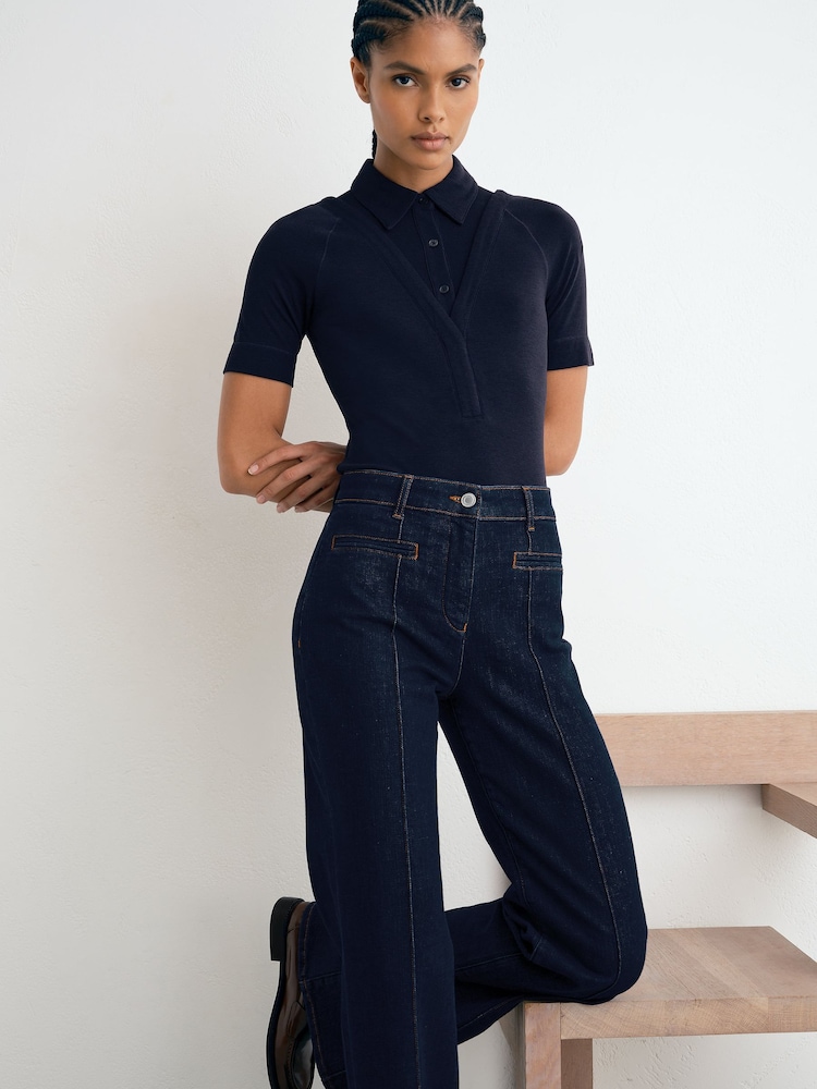 Reiss Dark Blue Claude Pintuck-Detail Flared Jeans - Image 1 of 8