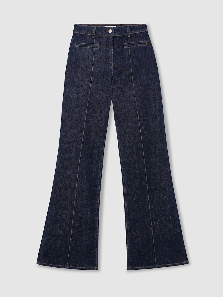 Reiss Dark Blue Claude Pintuck-Detail Flared Jeans - Image 2 of 8