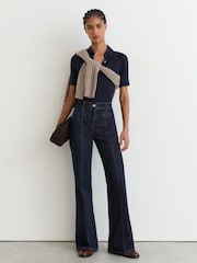 Reiss Dark Blue Claude Pintuck-Detail Flared Jeans - Image 5 of 8