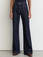 Reiss Dark Blue Claude Pintuck-Detail Flared Jeans - Image 6 of 8