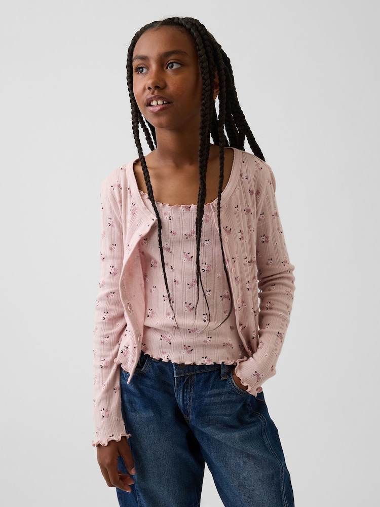 Gap Pink Floral Pointelle Rib Cardigan (4-13yrs) - Image 1 of 5 Gap Pink Floral Pointelle Rib Cardigan (4-13yrs) - Image 1 of 5