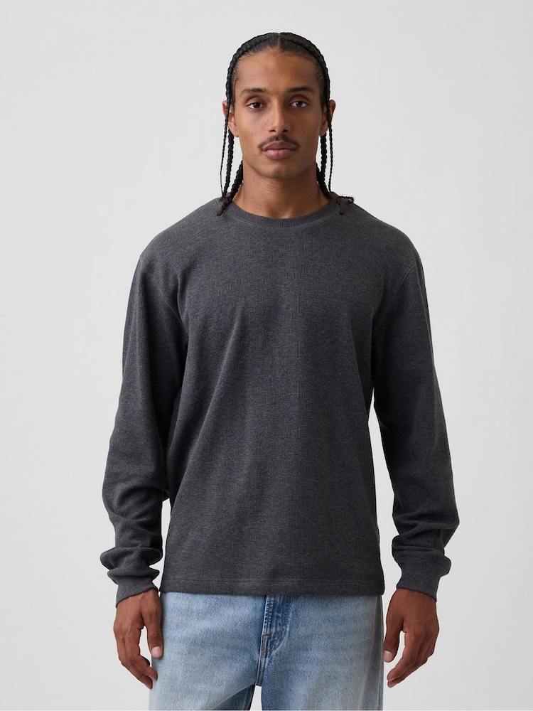 Gap Charcoal Grey Relaxed Waffle Knit Long Sleeve T-Shirt - Image 1 of 5 Gap Charcoal Grey Relaxed Waffle Knit Long Sleeve T-Shirt - Image 1 of 5