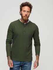 Zielony - Superdry 100% Cotton Waffle Long Sleeve Henley Top - Image 1 of 6