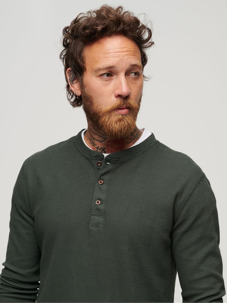 Zielony - Superdry 100% Cotton Waffle Long Sleeve Henley Top - Image 3 of 6