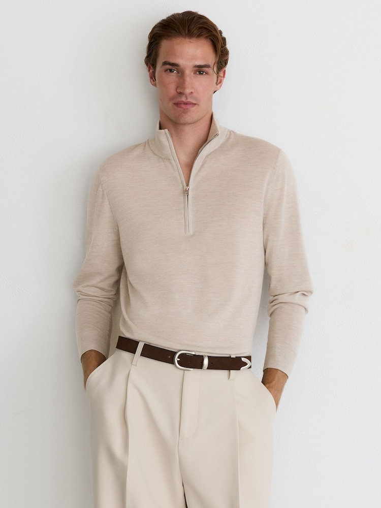 Reiss Oatmeal Melange Heatherton Ultra-Fine Merino Wool Quarter-Zip Jumper - Image 1 of 6 Reiss Oatmeal Melange Heatherton Ultra-Fine Merino Wool Quarter-Zip Jumper - Image 1 of 6