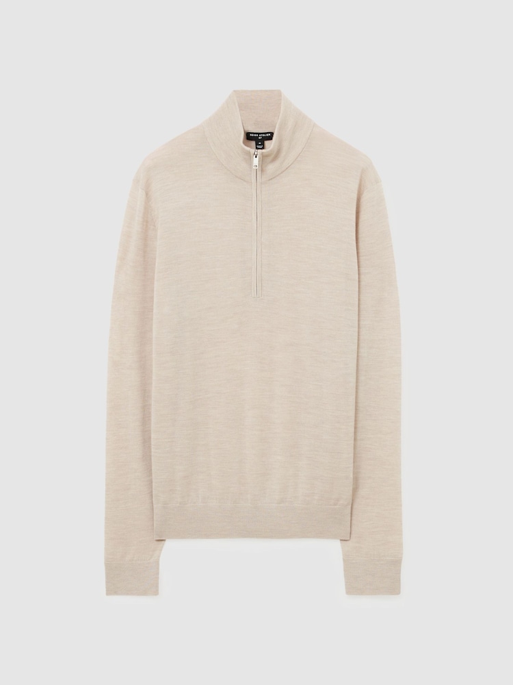 Reiss Oatmeal Melange Heatherton Ultra-Fine Merino Wool Quarter-Zip Jumper - Image 2 of 6 Reiss Oatmeal Melange Heatherton Ultra-Fine Merino Wool Quarter-Zip Jumper - Image 2 of 6