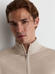 Reiss Oatmeal Melange Heatherton Ultra-Fine Merino Wool Quarter-Zip Jumper - Image 3 of 6