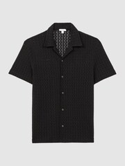 Reiss Black Scorpios Crochet Cuban Collar Button Through T-Shirt - Image 2 of 4