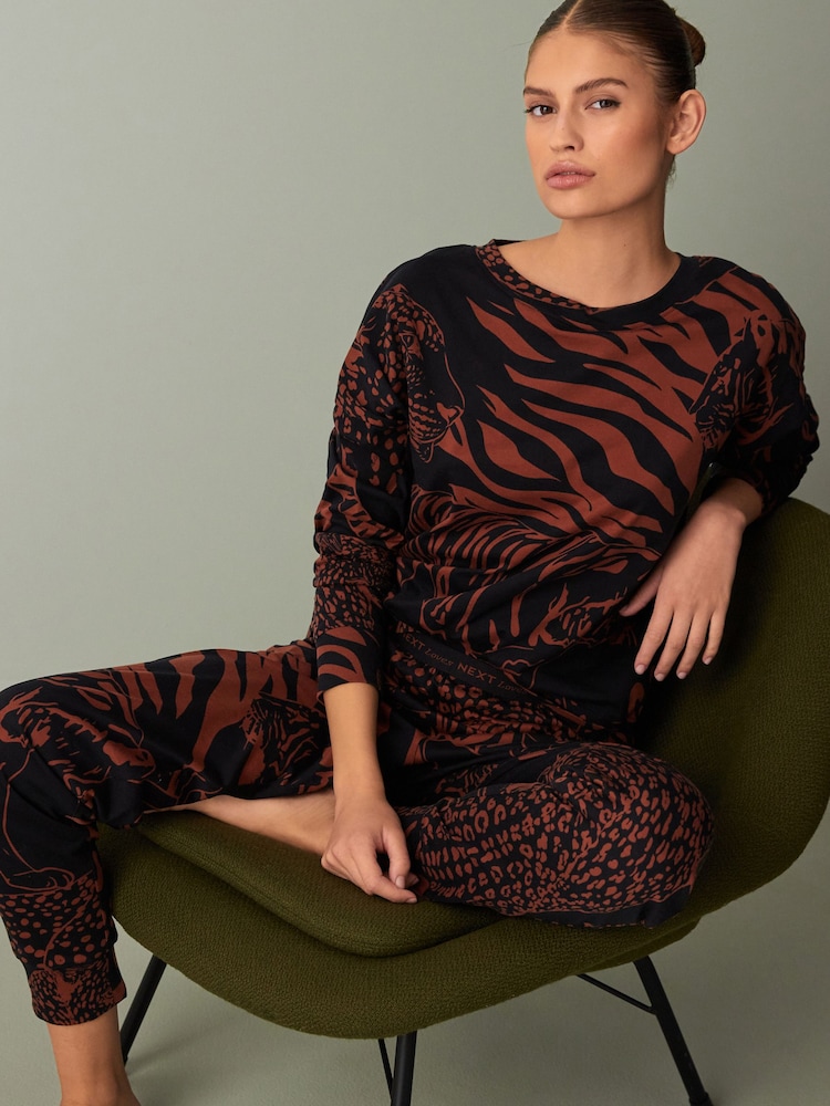 Black/Tan Brown Animal Cotton Long Sleeve Pyjamas - Image 1 of 9