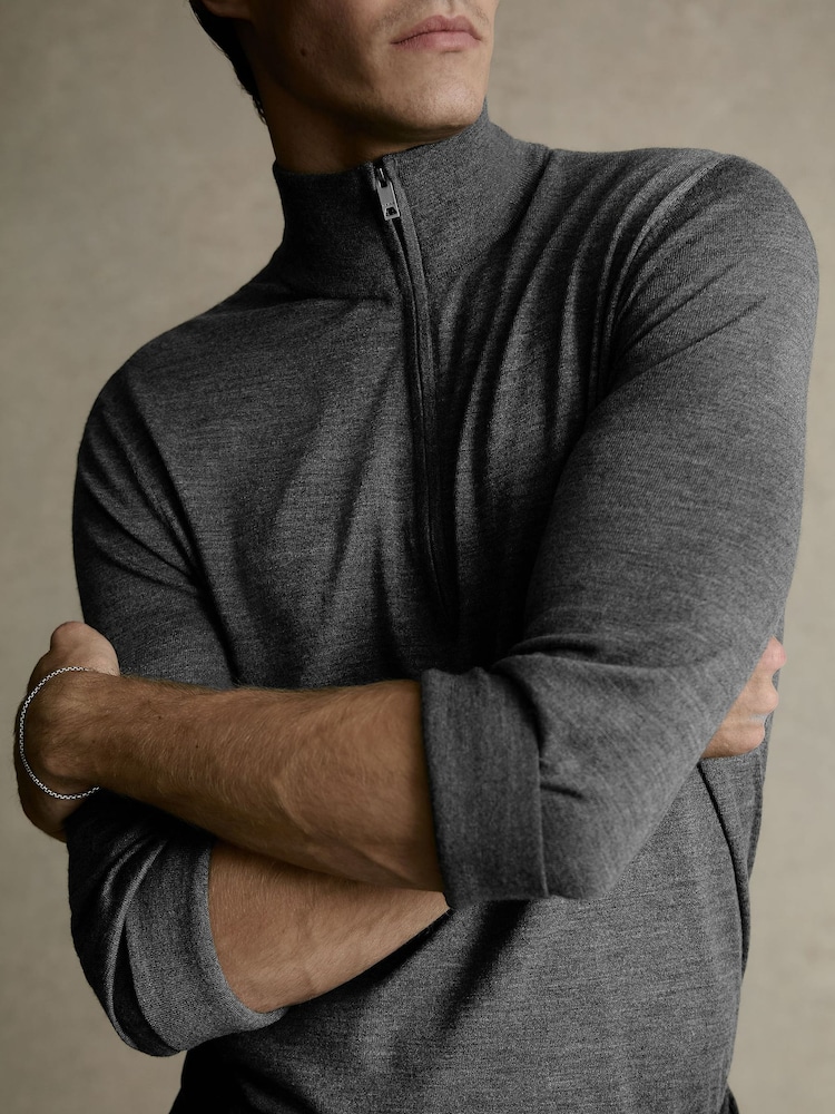 Reiss Charcoal Melange Heatherton Ultra-Fine Merino Wool Quarter-Zip Jumper - Image 1 of 8 Reiss Charcoal Melange Heatherton Ultra-Fine Merino Wool Quarter-Zip Jumper - Image 1 of 8