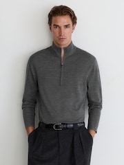 Reiss Charcoal Melange Heatherton Ultra-Fine Merino Wool Quarter-Zip Jumper - Image 5 of 8