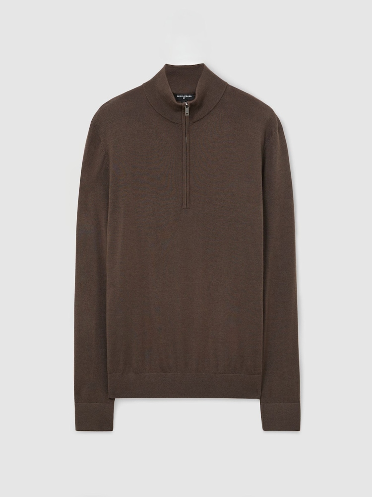 Reiss Brown Umber Heatherton Ultra-Fine Merino Wool Quarter-Zip Jumper - Image 2 of 6 Reiss Brown Umber Heatherton Ultra-Fine Merino Wool Quarter-Zip Jumper - Image 2 of 6