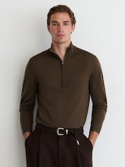Reiss Brown Umber Heatherton Ultra-Fine Merino Wool Quarter-Zip Jumper - Image 3 of 6