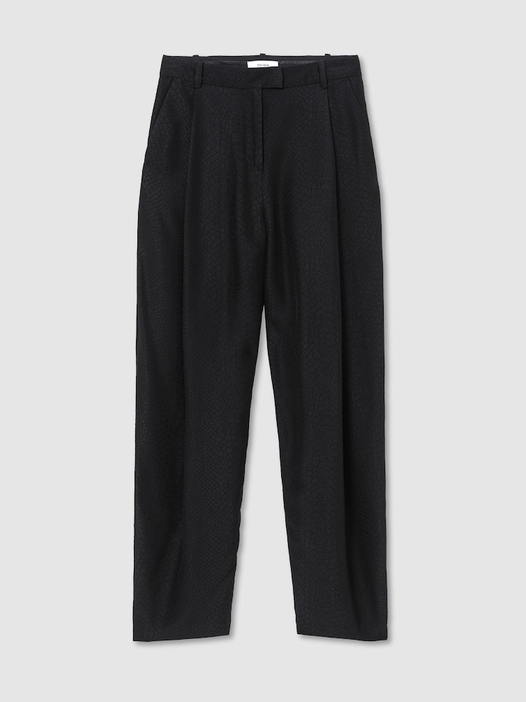 Reiss Black Aries Jacquard Deep-Pleat Barrel-Leg Trousers - Image 2 of 6 Reiss Black Aries Jacquard Deep-Pleat Barrel-Leg Trousers - Image 2 of 6