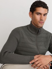 Reiss Army Green Townsend Quilted Rib-Knit Funnel-Neck Jacket - Image 1 of 10
