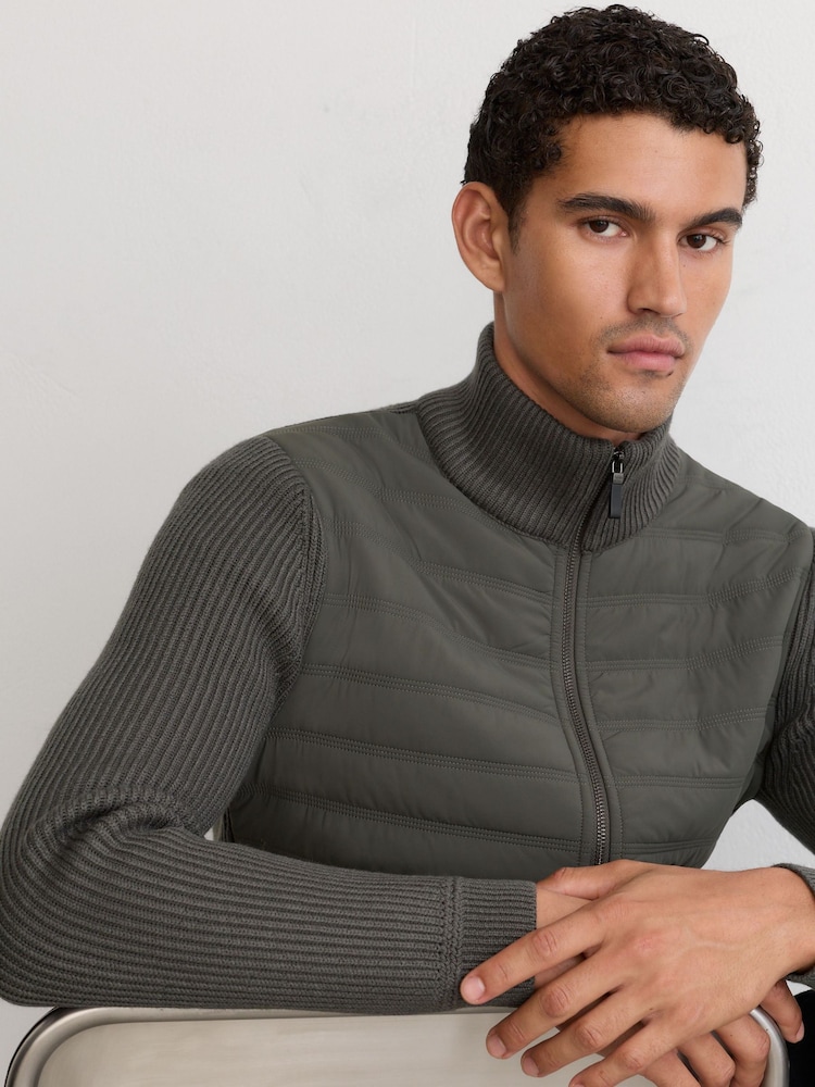 Reiss Army Green Townsend Quilted Rib-Knit Funnel-Neck Jacket - Image 1 of 10 Reiss Army Green Townsend Quilted Rib-Knit Funnel-Neck Jacket - Image 1 of 10