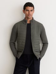 Reiss Army Green Townsend Quilted Rib-Knit Funnel-Neck Jacket - Image 5 of 10