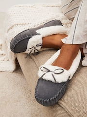 Grey Suede Moccasin Slippers - Image 1 of 7