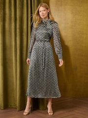 Love & Roses Navy Blue And Gold Lurex Zig Zag Tie Neck Jersey Dress - Image 1 of 5