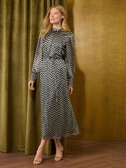 Love & Roses Navy Blue And Gold Lurex Zig Zag Tie Neck Jersey Dress - Image 3 of 5