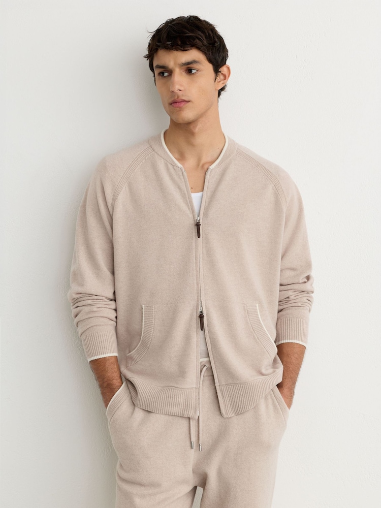 Reiss Oatmeal Winchester Merino Wool Zip-Through Bomber Cardigan - Image 1 of 7