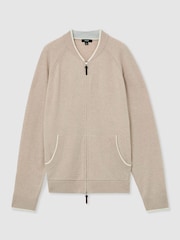 Reiss Oatmeal Winchester Merino Wool Zip-Through Bomber Cardigan - Image 2 of 7