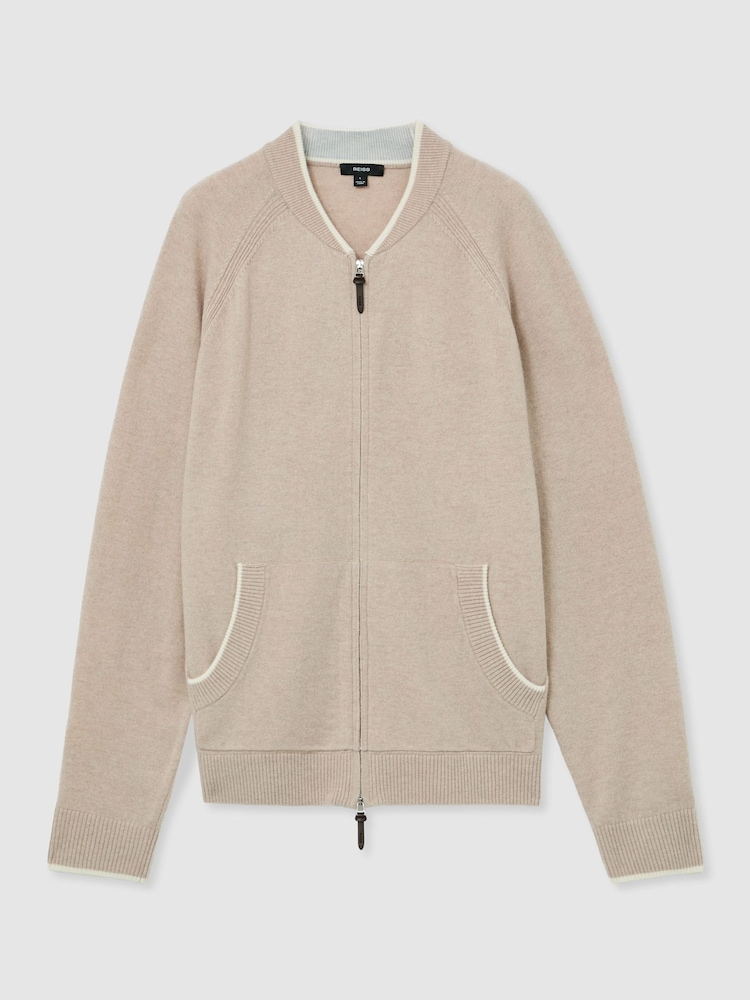 Reiss Oatmeal Winchester Merino Wool Zip-Through Bomber Cardigan - Image 2 of 7