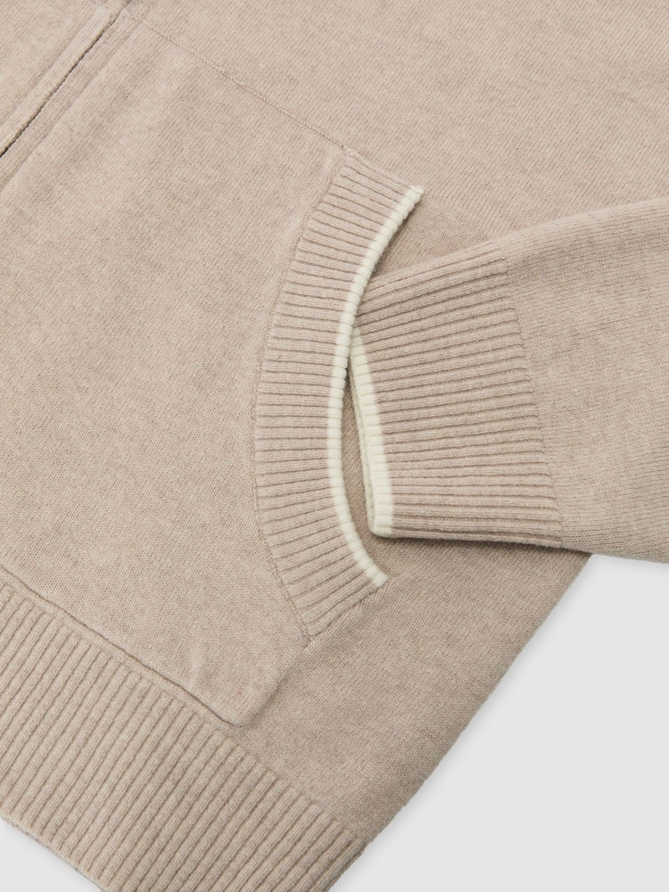 Reiss Oatmeal Winchester Merino Wool Zip-Through Bomber Cardigan - Image 7 of 7