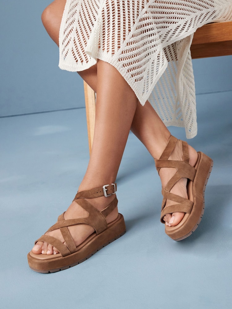 Tan Brown Forever Comfort® Leather Strappy Flatform Sandals - Image 1 of 9