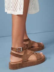 Tan Brown Forever Comfort® Leather Strappy Flatform Sandals - Image 4 of 9