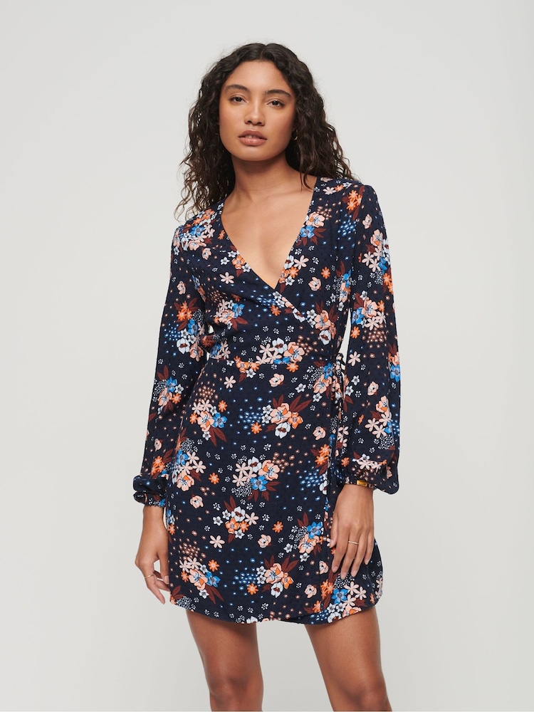 Superdry Blue Printed Mini Wrap Dress - Image 1 of 5 Superdry Blue Printed Mini Wrap Dress - Image 1 of 5